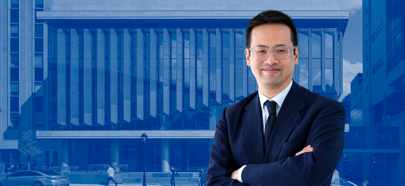 Smiling headshot of Quoc-Dien Trinh over a blue toned photo of the West Wing of Alan Magee Scaife Hall.