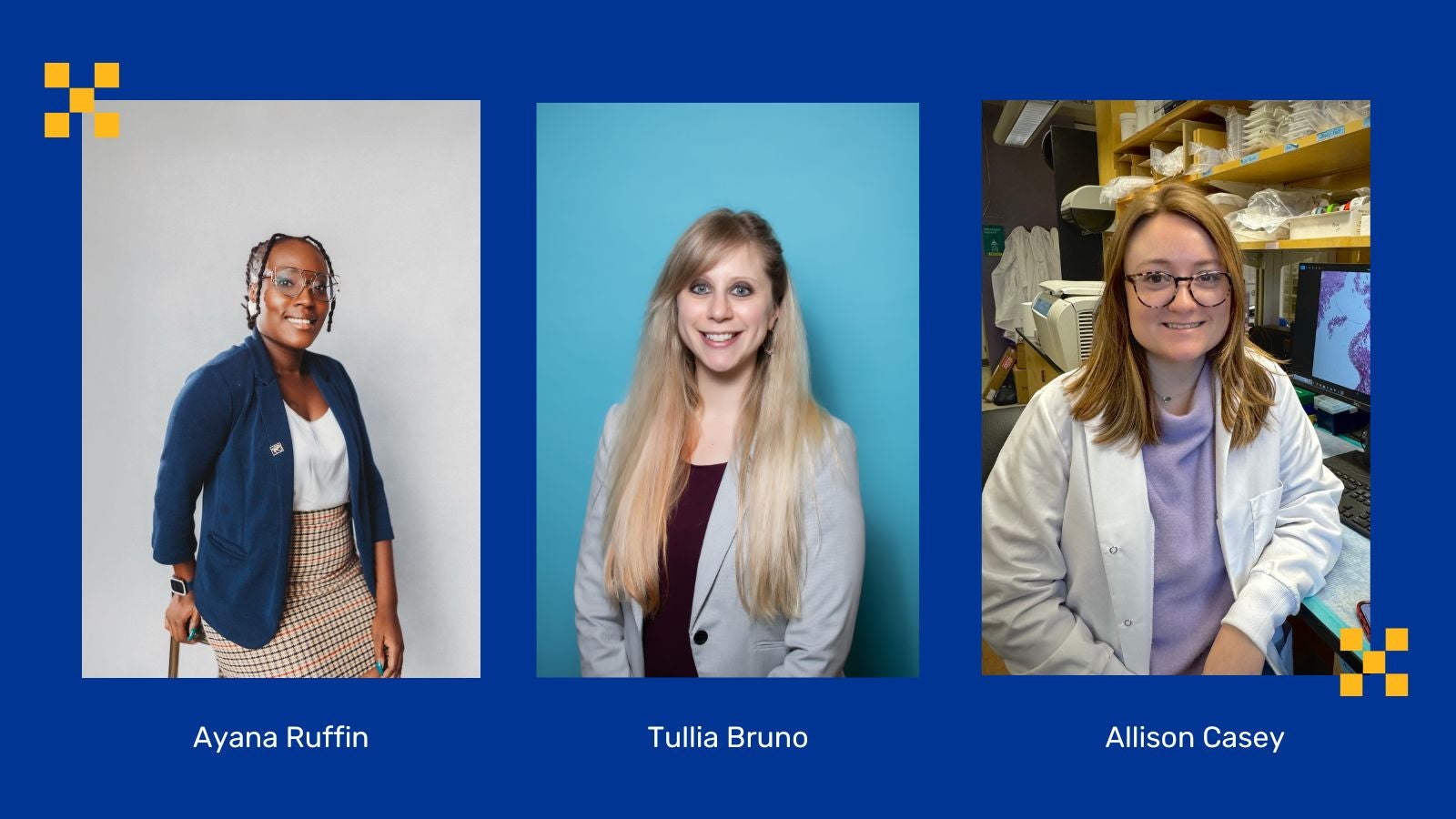 Headshots of Ayana Ruffin, Tullia Bruno, and Alison Casey